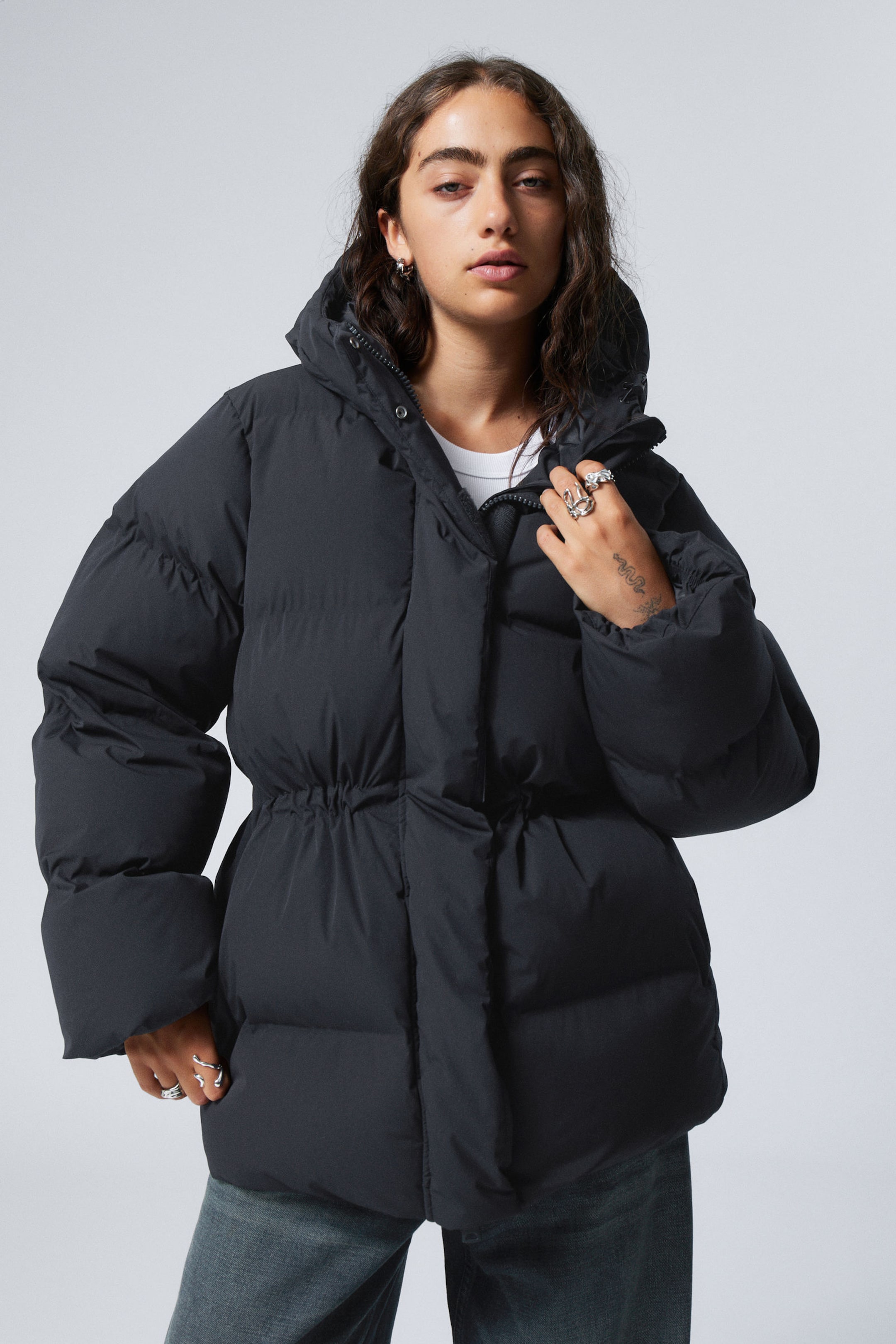 Dark Blue - Waisted Puffer Jacket - 1