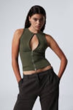 Khaki Green - Slim Sleeveless Zip Top - 0