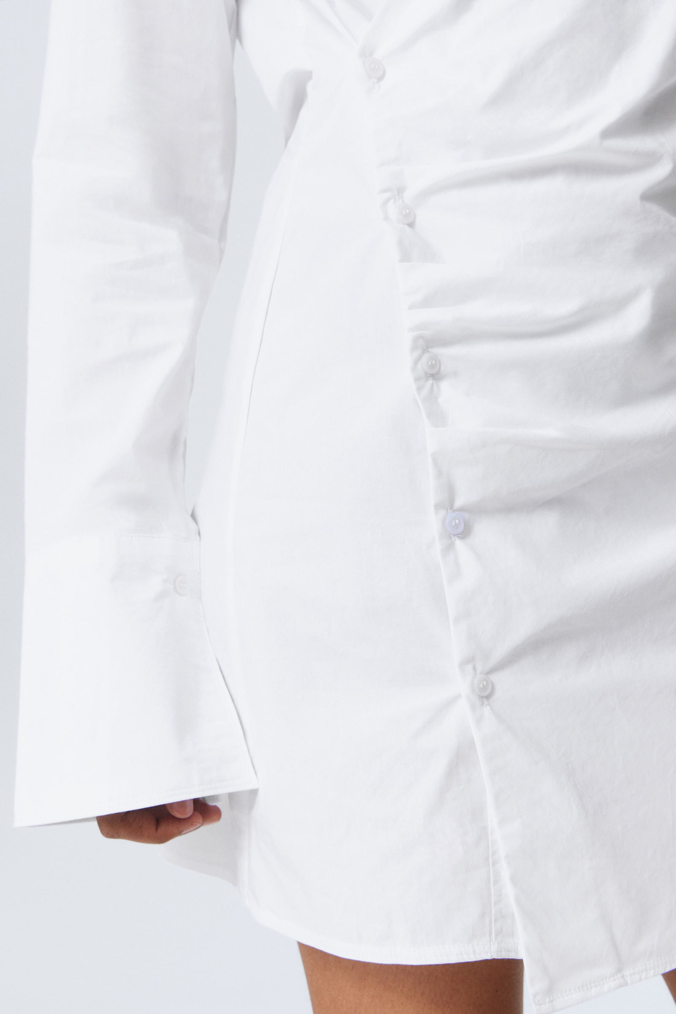 #FFFFFF - Long-Sleeved Asymmetric Mini Shirt Dress - 2