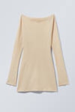 Light Beige - Long-Sleeved Off-Shoulder Mini Dress - 1