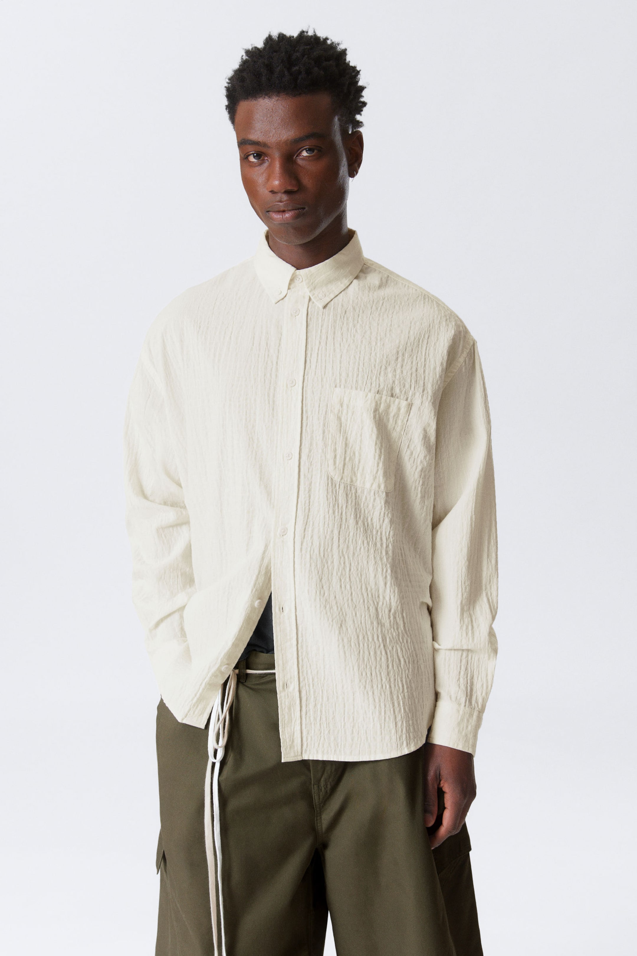 #F4F3E9 - Oversized Seersucker Button Down Shirt - 1