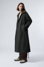 Dark Grey - Oversized Faux Fur Collar Trench Coat - 0