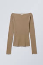 Dark Beige - Sheer Long Sleeve Top - 0