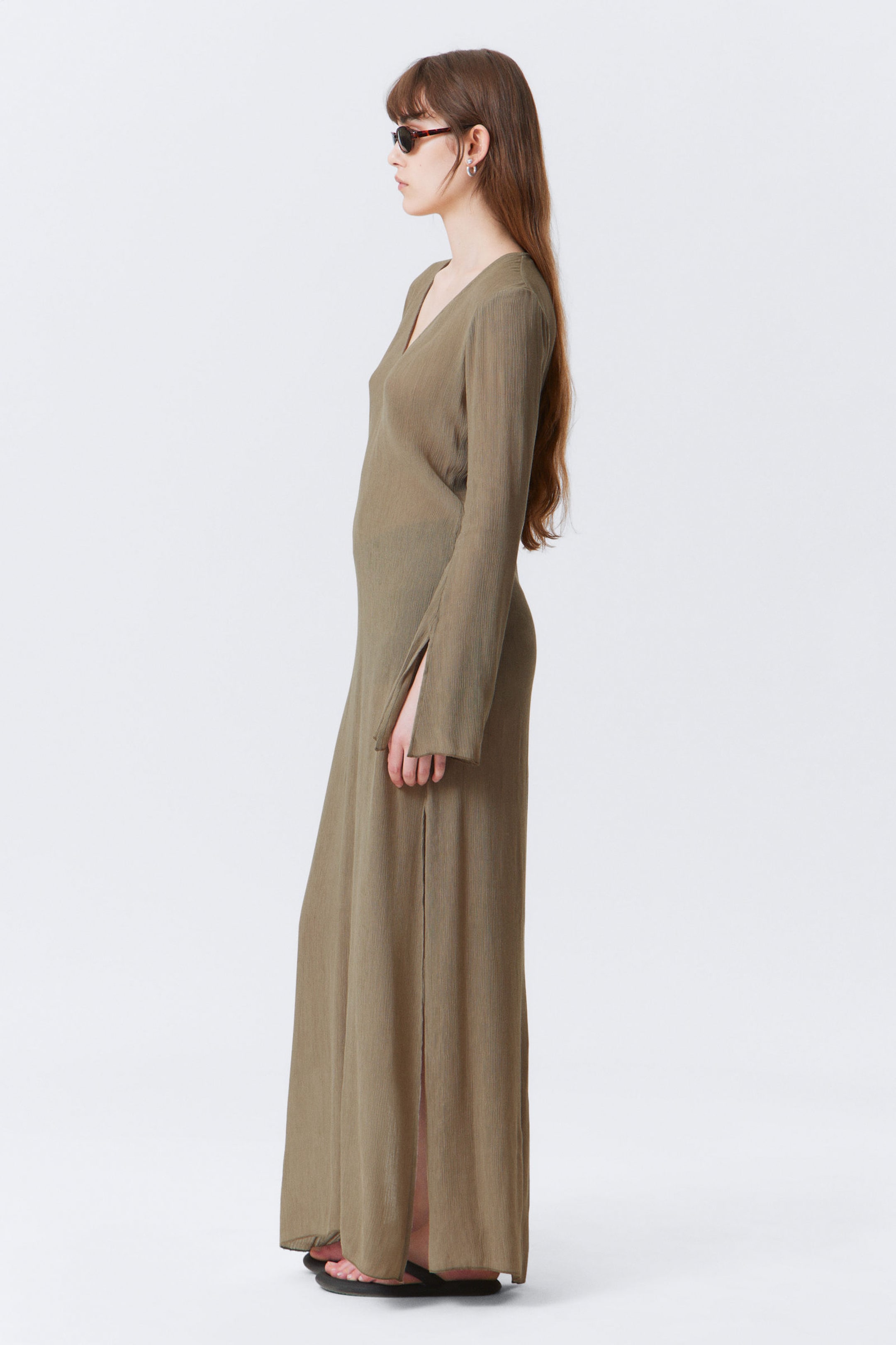 Beige - Sheer Long-Sleeved V-neck Maxi Dress - 2