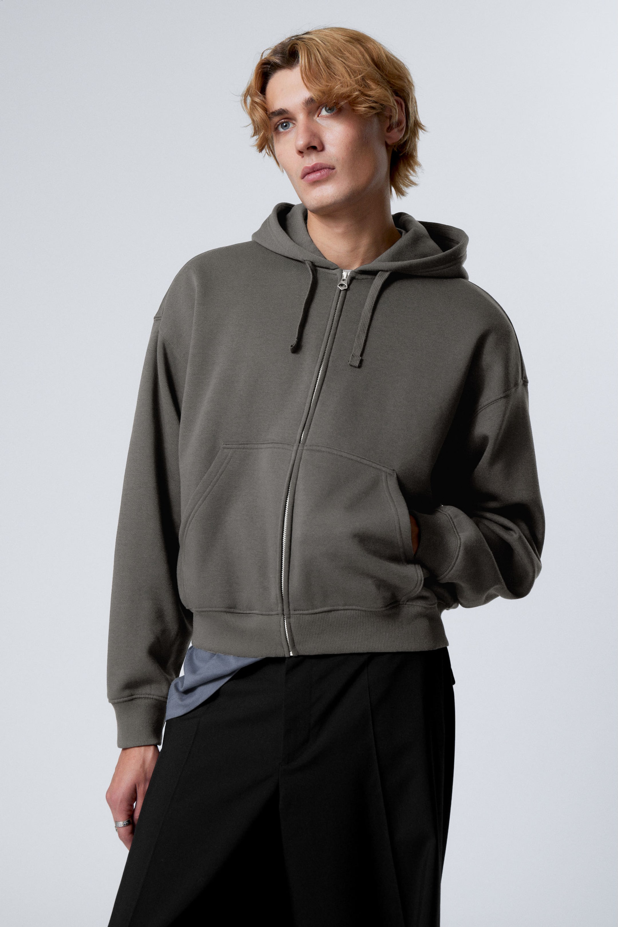 Grey - Boxy Midweight Zip Hoodie - 1