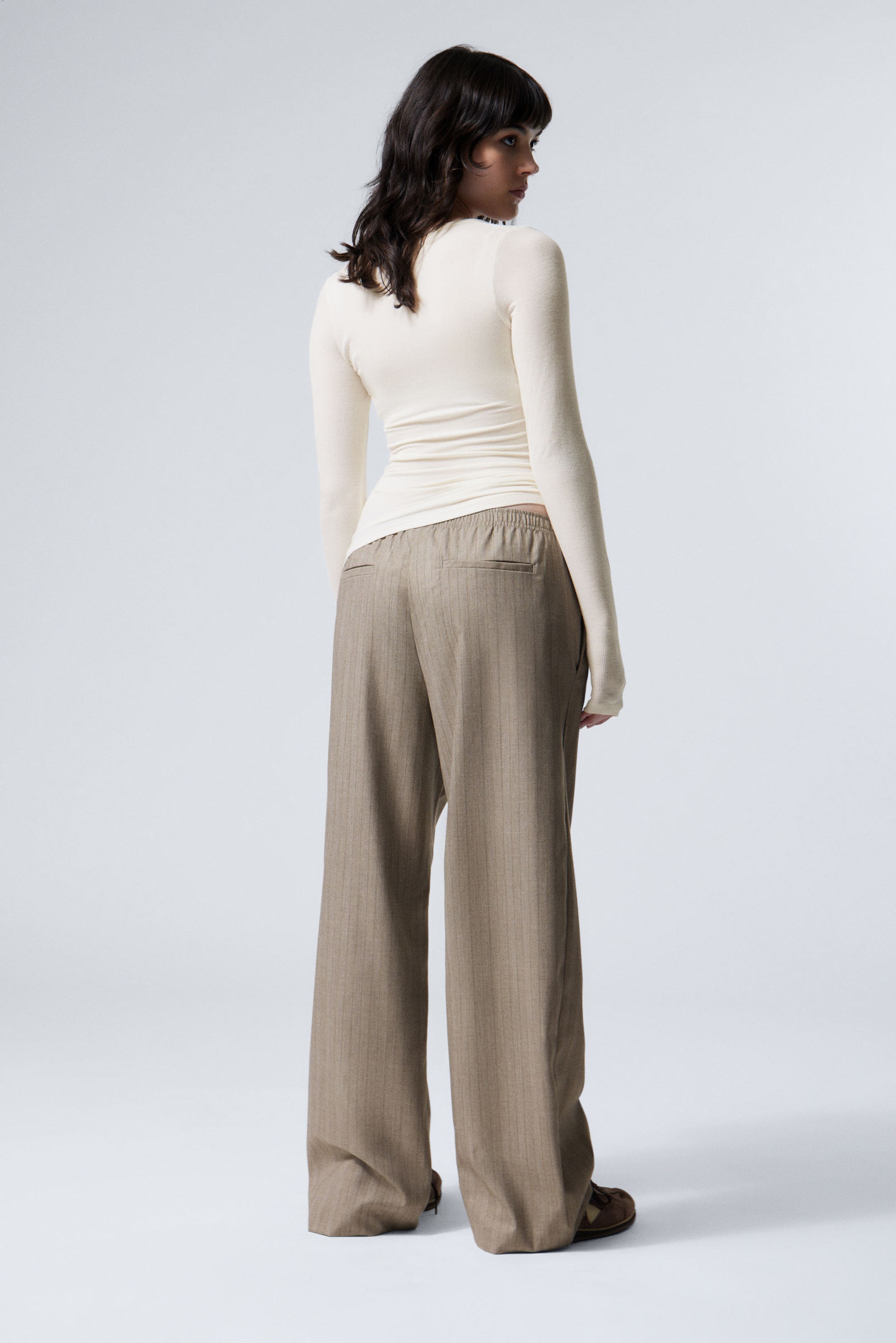 Beige Pinstripe - Wide Pull On Suiting Trousers - 3