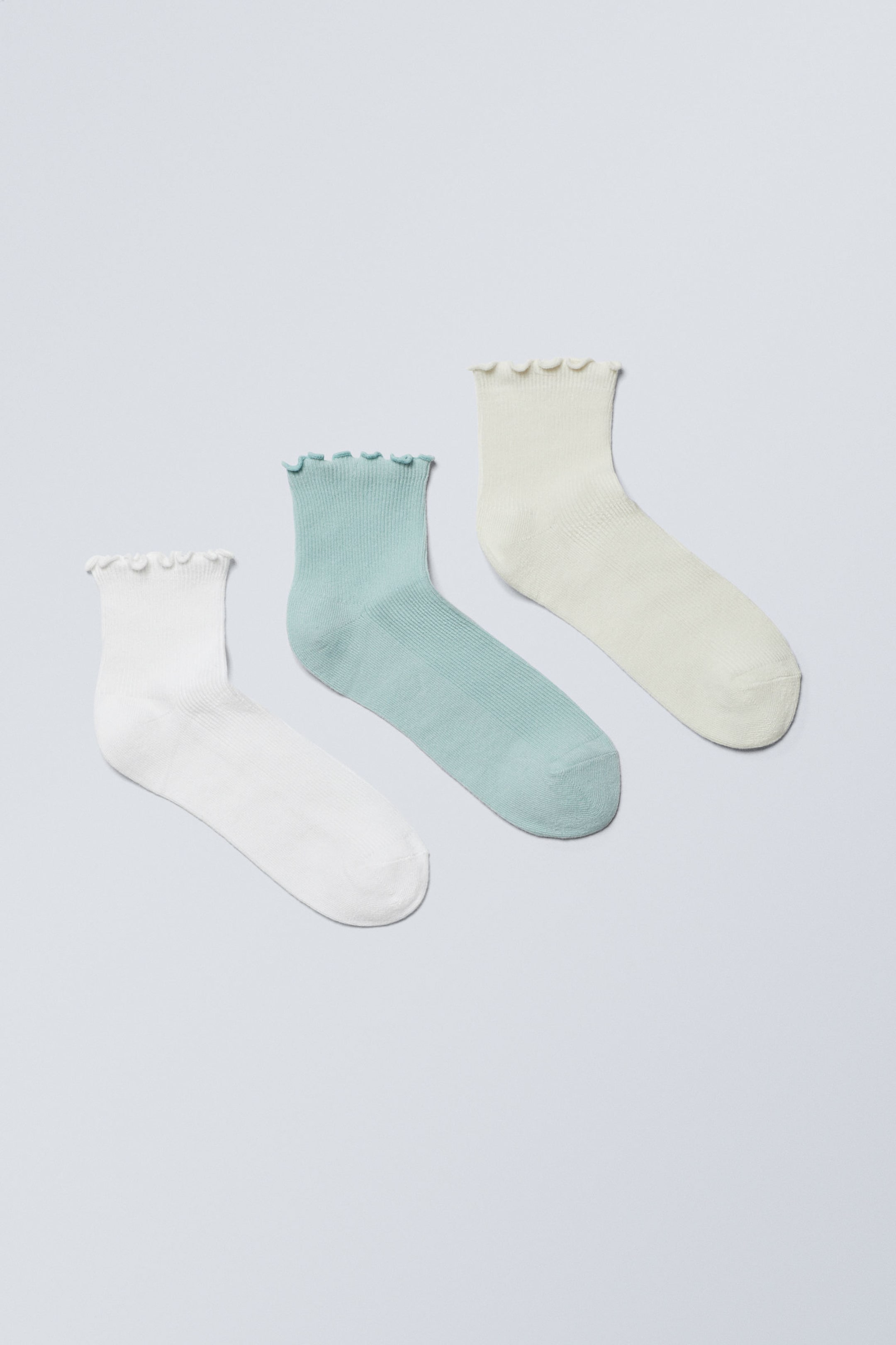 Beige/Turquoise/White - 3-pack Frill Edge Short Socks - 0