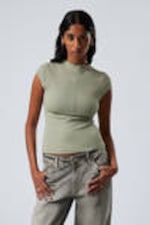 Dusty Khaki Green - Ribbed Mock Neck T-shirt - 0