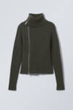 Dark Khaki Green - Slim Knitted Zip Cardigan - 2