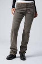 Dark Khaki Green - Low Waist Slim Straight Corduroy Trousers - 1