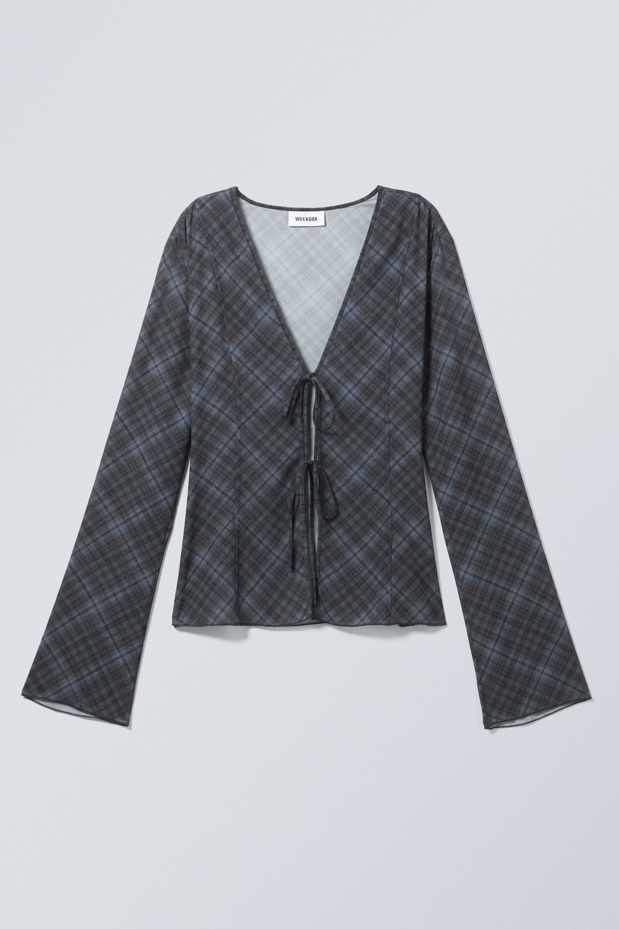 Dark Grey - Long Sleeve Tie Blouse - 2