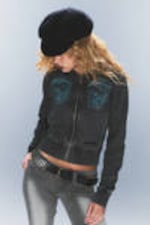 Washed Black - Short Rhinestone Zip Hoodie - 0