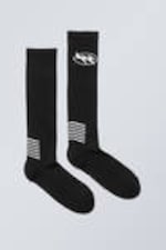 Black - Sporty Graphic High Knee Socks - 0