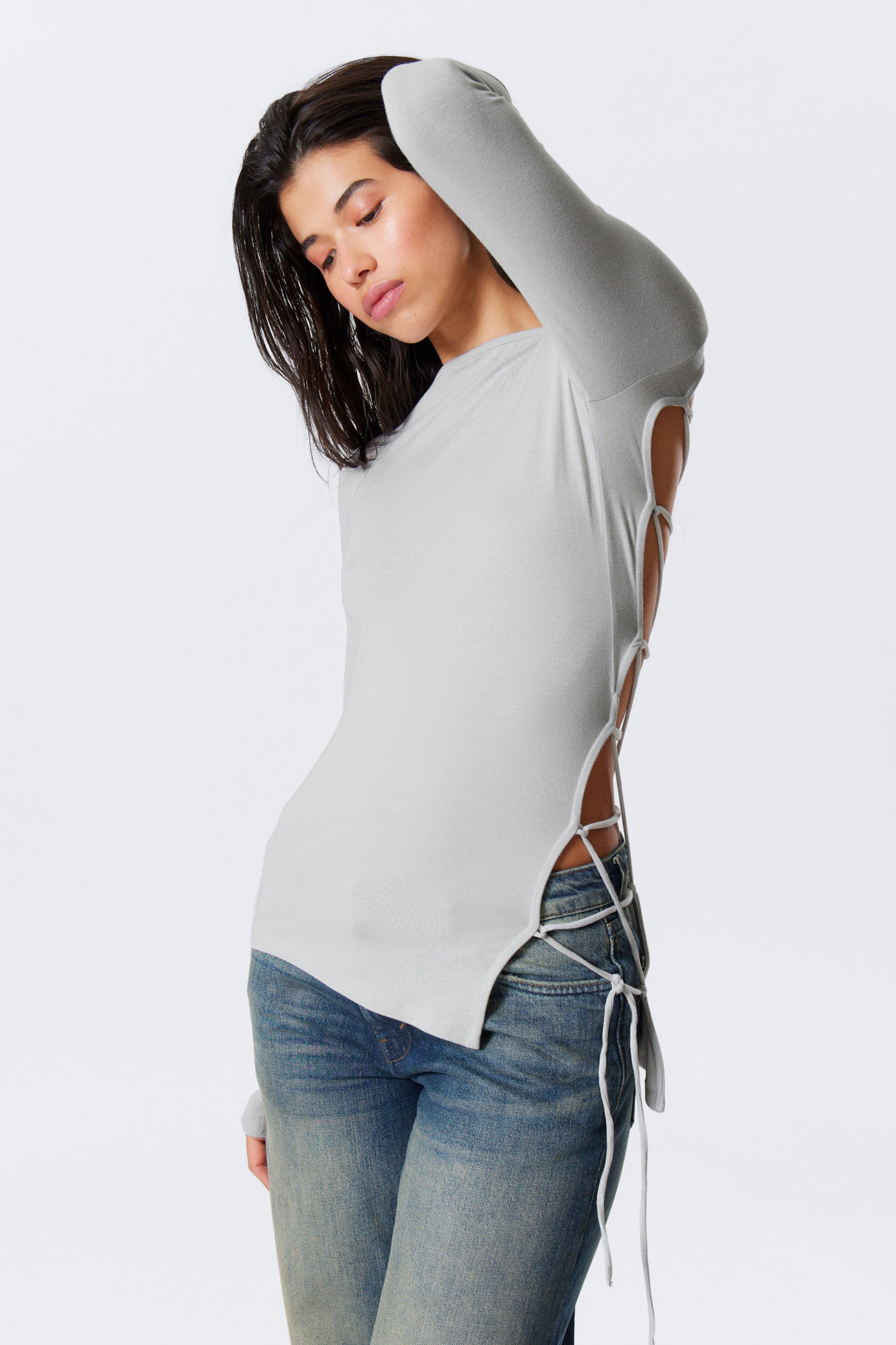 #BABBBD - Asymmetric Long-Sleeved Cross Back Top - 1