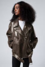 Dark Brown - Oversized Faux Leather Biker Jacket - 1