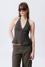 Dark Grey - Tie-Back Hook-and-Eye Halterneck Top - 0