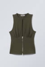 Khaki Green - Slim Sleeveless Zip Top - 2