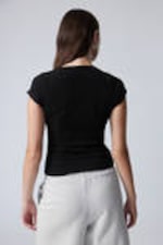 Black - Structured Short Sleeve Cotton Top - 2