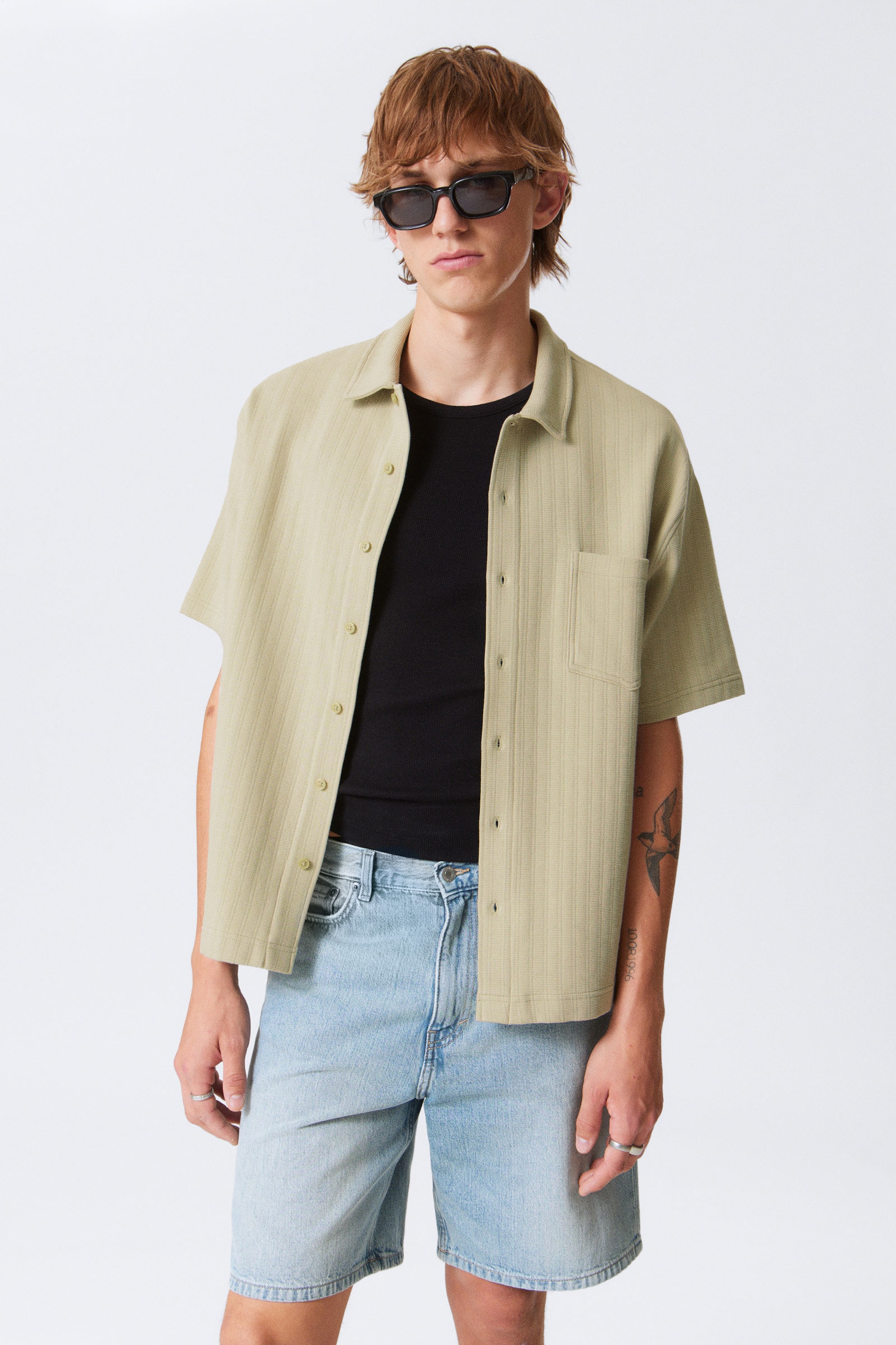 #A9A891 - Knitted Short-Sleeved Button-Up Shirt - 1