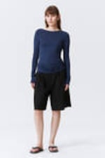 Dark Blue - Open Back Long-Sleeved Top - 1
