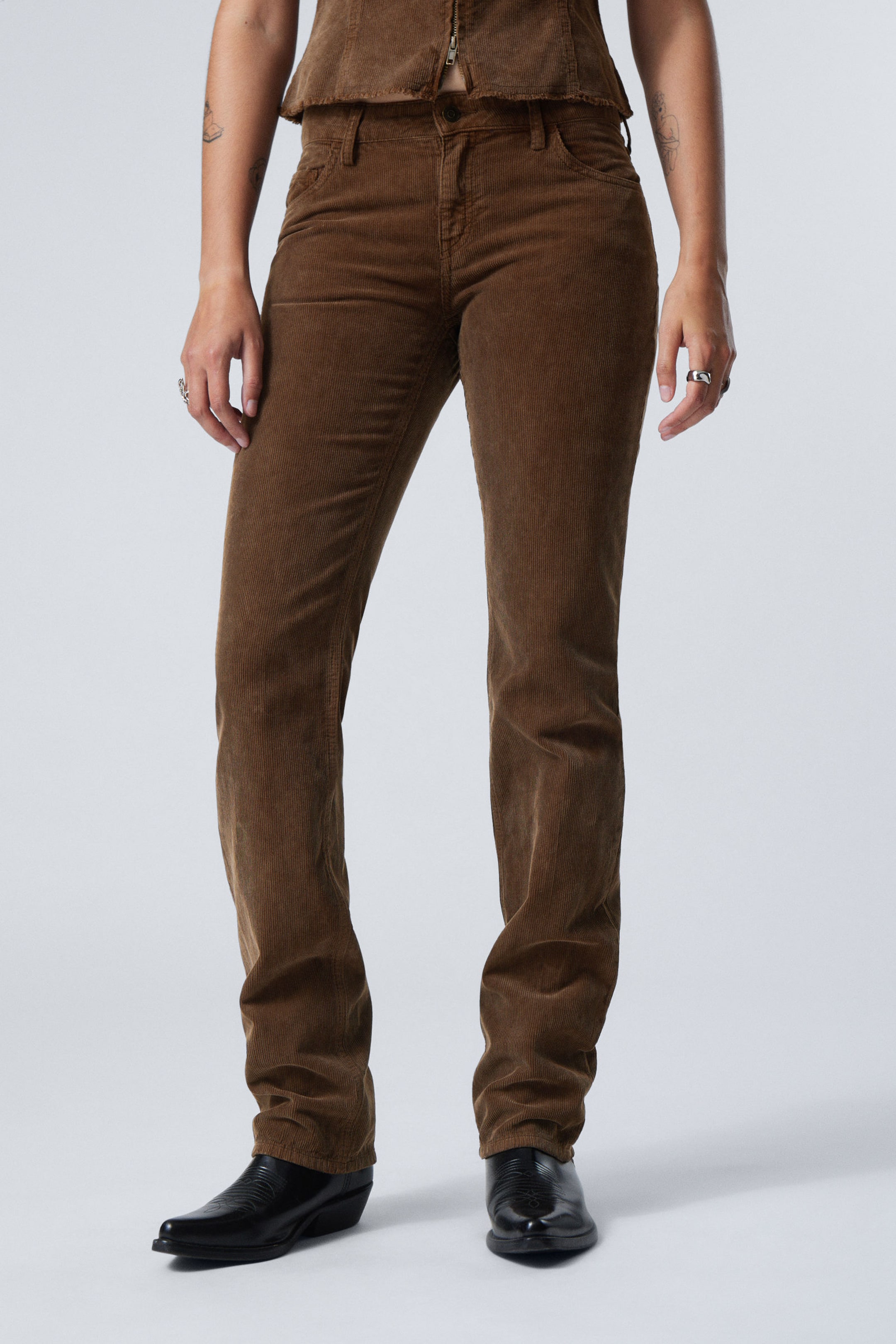 Dusty Brown - Low Waist Slim Straight Corduroy Trousers - 1