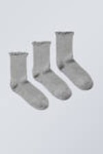 Grey Melange - 3-pack Frill Edge Socks - 0