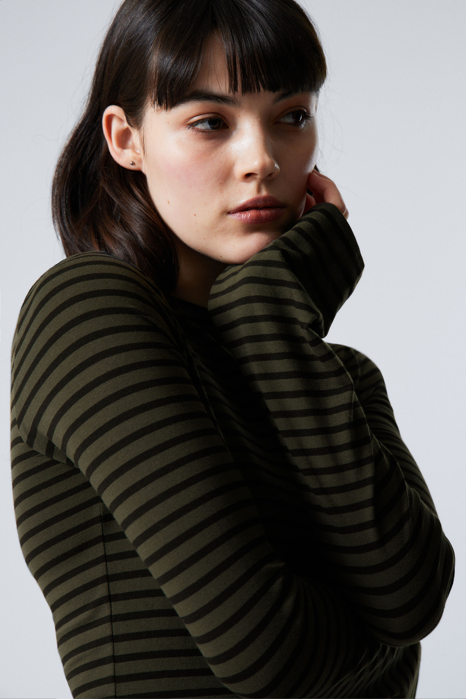 long sleeve cotton top - Striped Dark Khaki Green | Weekday WW