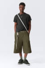 Dark Khaki Green - Loose Utility Cotton Twill Shorts - 0