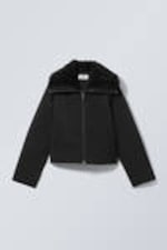 Black - Short Fur Collar Jacket - 3