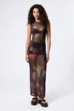 Black - Eclectic Flame - Printed Mesh Maxi Dress - 0