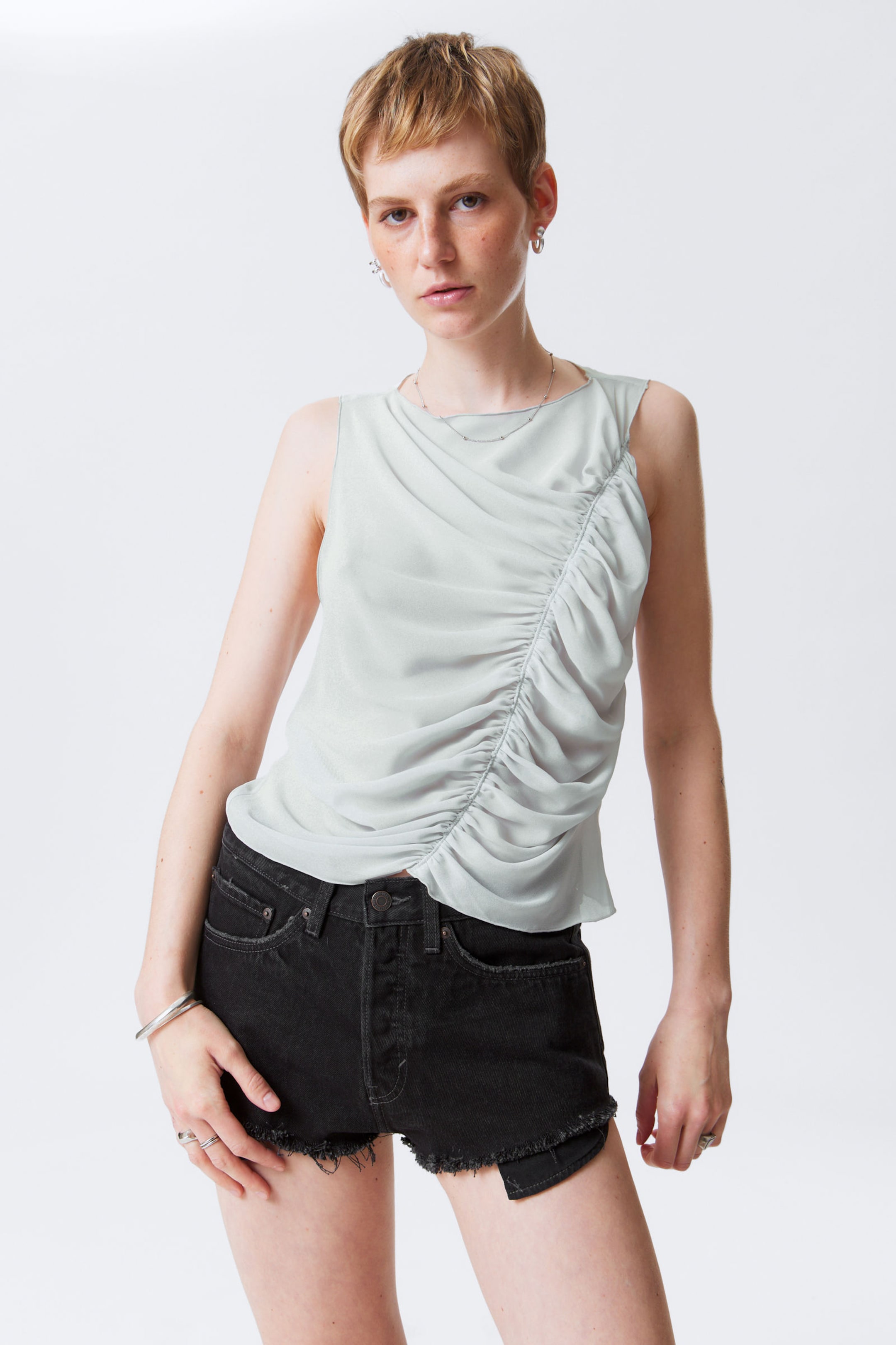 #BABBBD - Ruched Sleeveless Crepe Top - 1