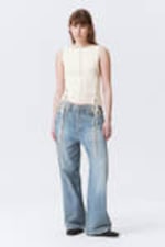 White - Sleeveless Lacing Boat-Neck Eyelet Top - 1