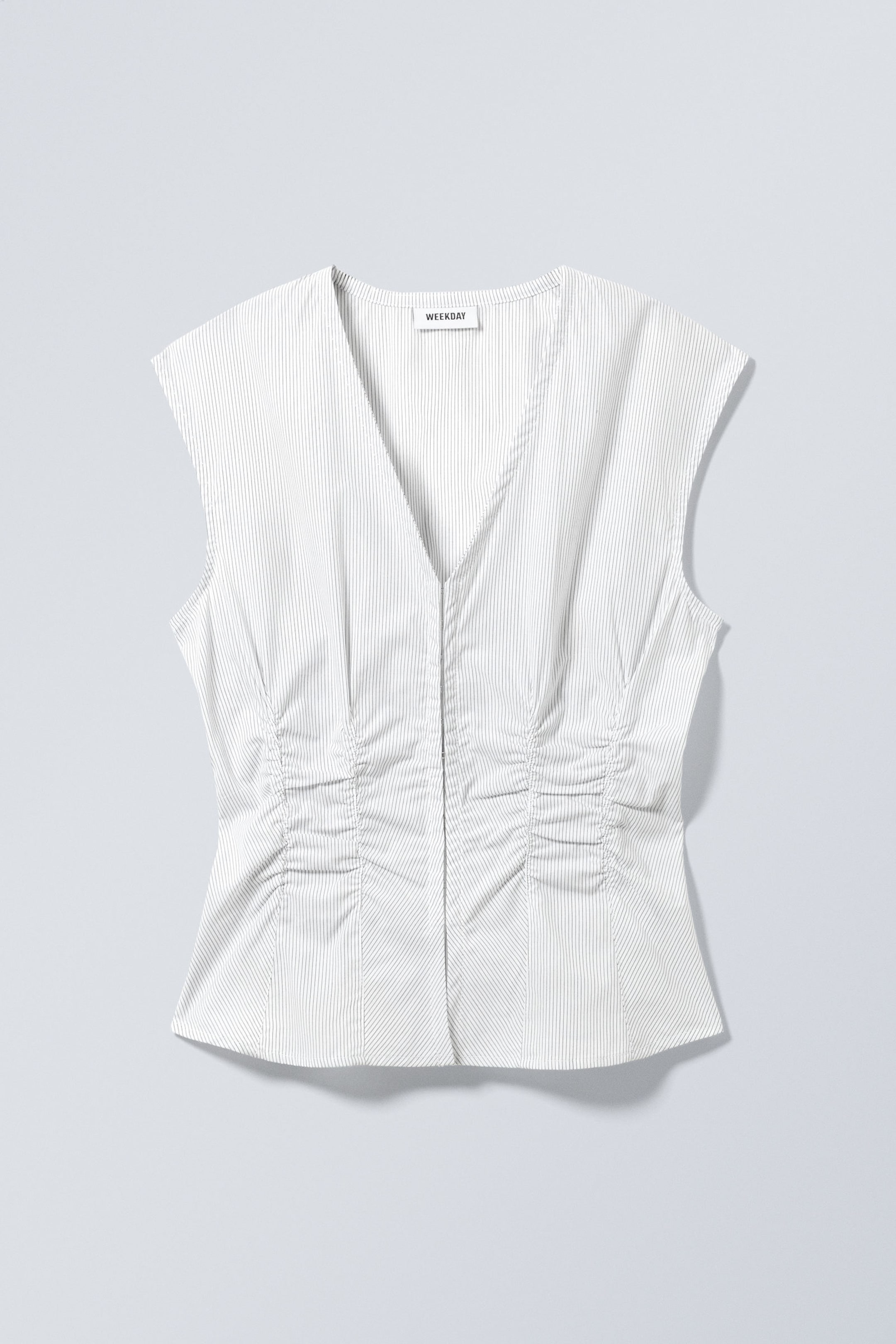 Striped White - Sleeveless Gathered Poplin Top - 2