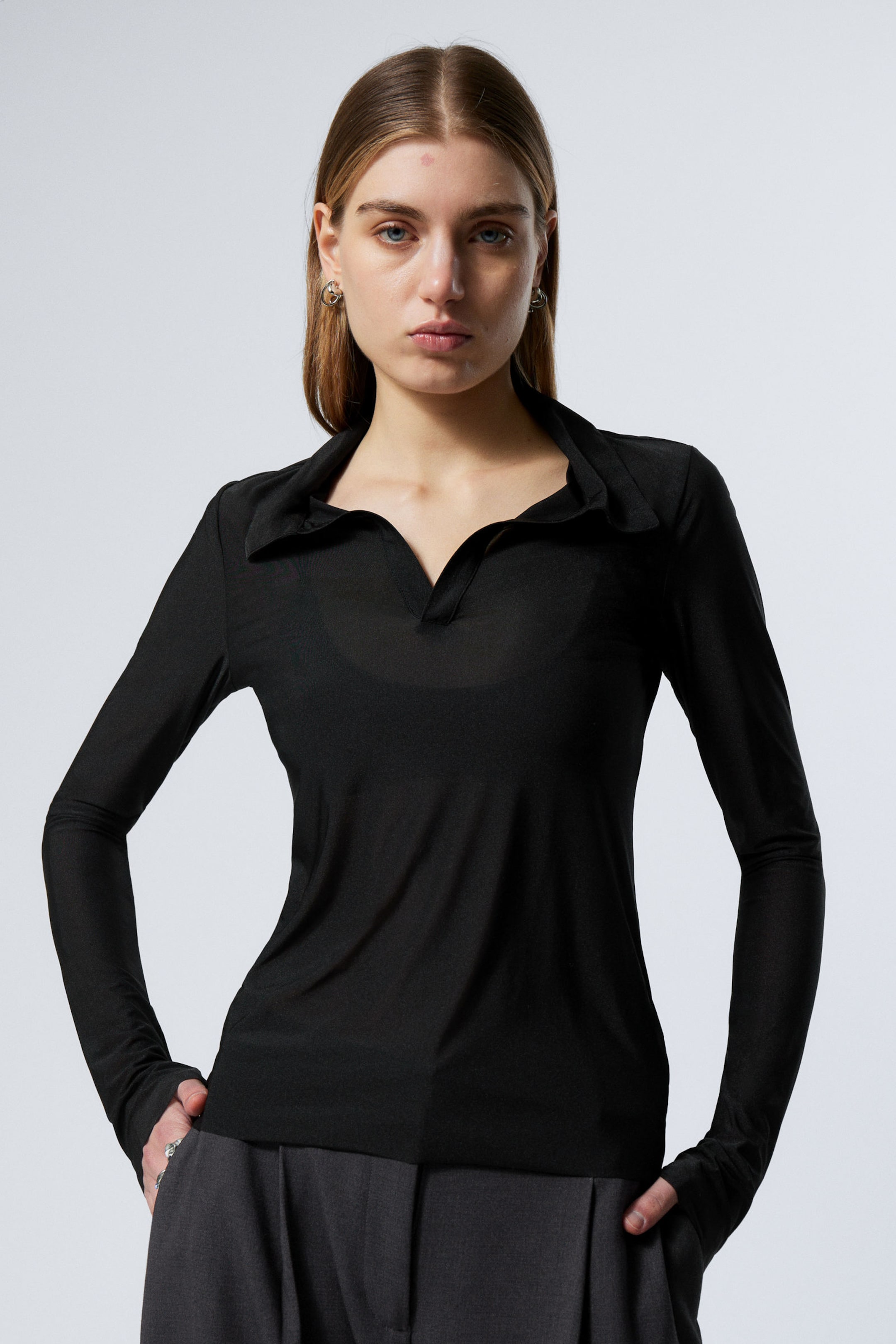 Schwarz - Transparentes Longsleeve-Polotop - 0