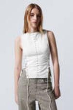 White - Sleeveless Lacing Boat-Neck Eyelet Top - 0