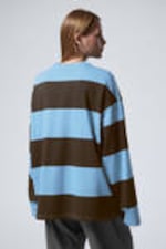 Blue & Brown Stripes - Long-Sleeved Oversized Cotton T-shirt - 3