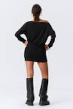 Schwarz - Drapiertes, asymmetrisches Langarm-Minikleid - 3