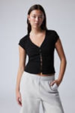 Black - Structured Short Sleeve Cotton Top - 0