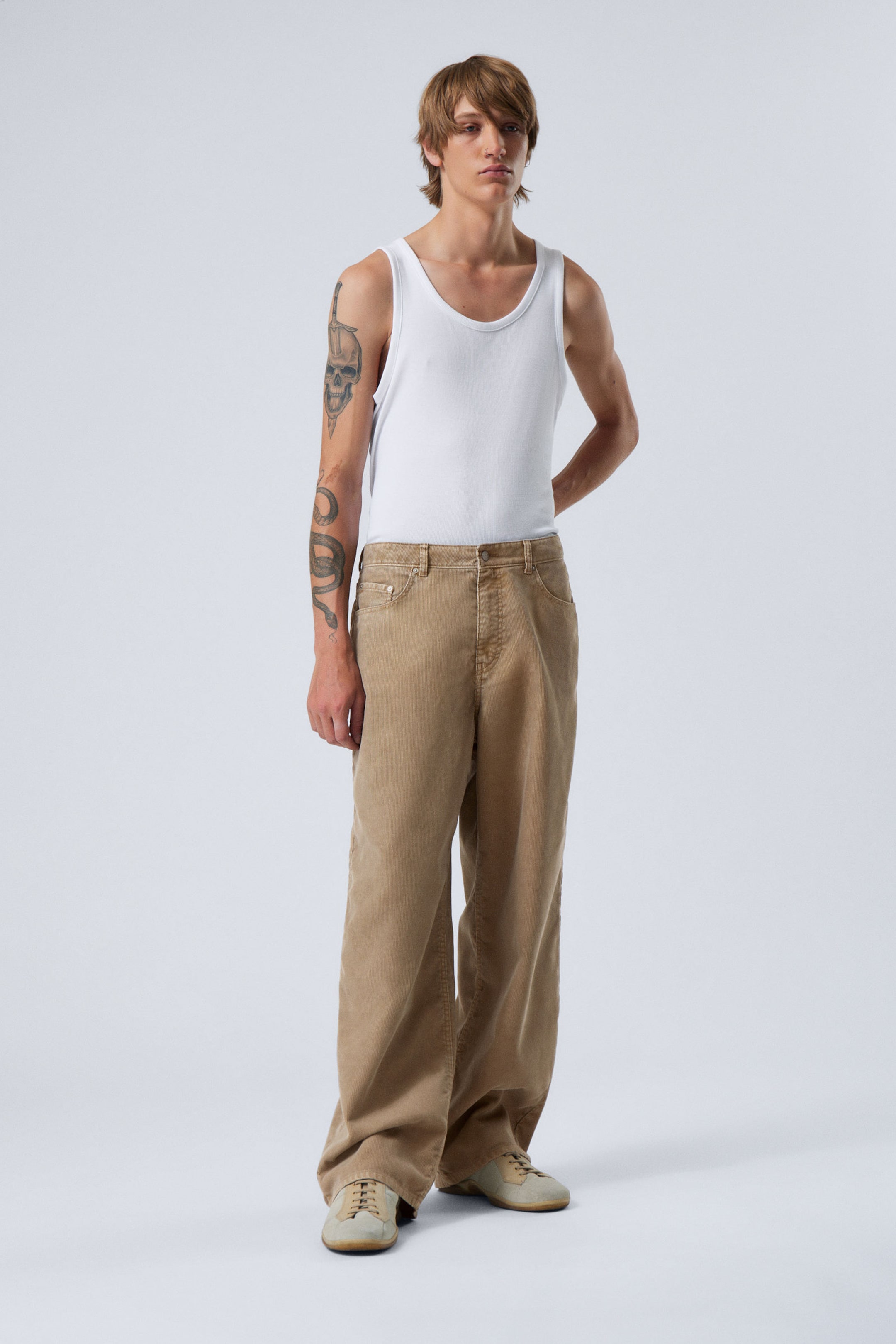 Washed Beige - Astro Loose Baggy Corduroy Trousers - 4