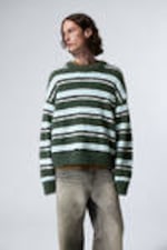 Dark Green Stripe - Relaxed Knitted Striped Hairy Sweater - 0