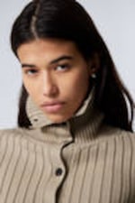 Dusty Beige - Slim Knitted Turtleneck Cardigan - 1