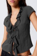 Dark Grey - Frilled Tie-Front Top - 2