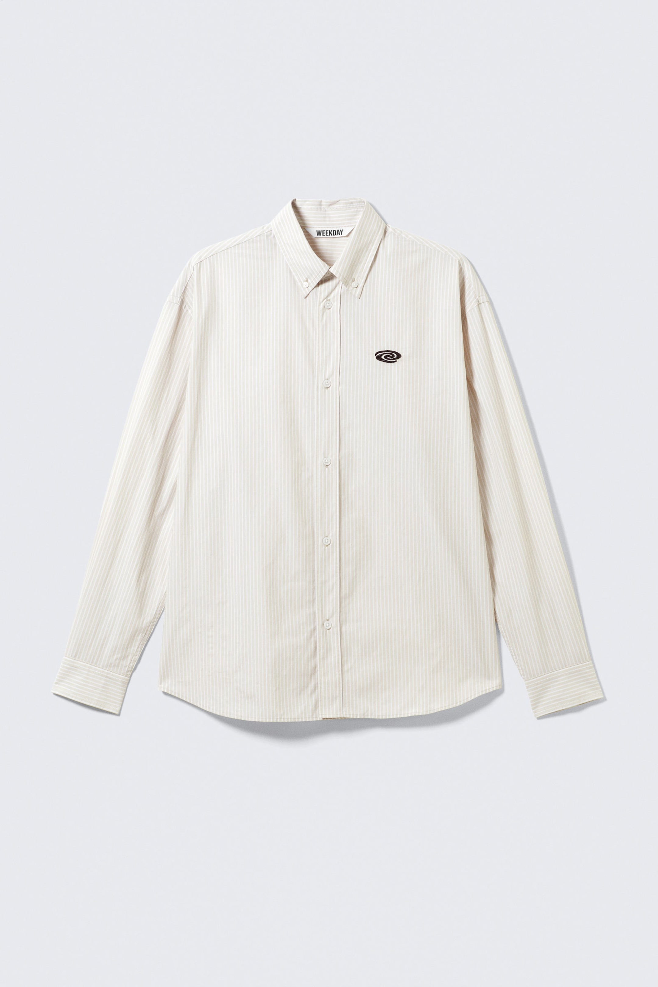 Embroidered Striped Beige - Oversized Striped Button-Down Poplin Shirt - 4