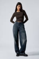 Deep Ocean Blue - Mörkblå - Rail Mid Waist Loose Wide Leg Jeans - 0