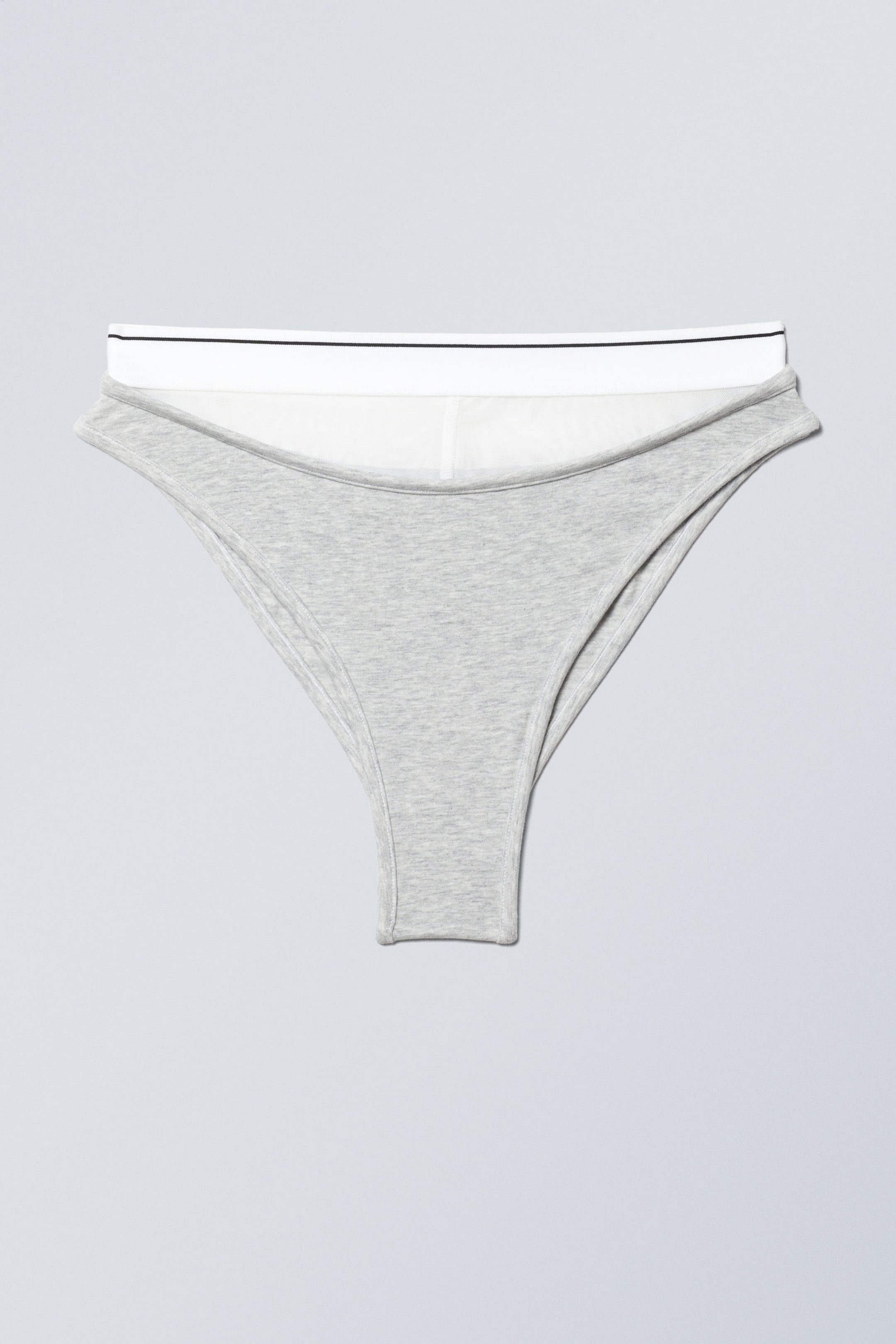 Light Grey Melange & White - Layered Cotton Mesh Brazilian Briefs - 0