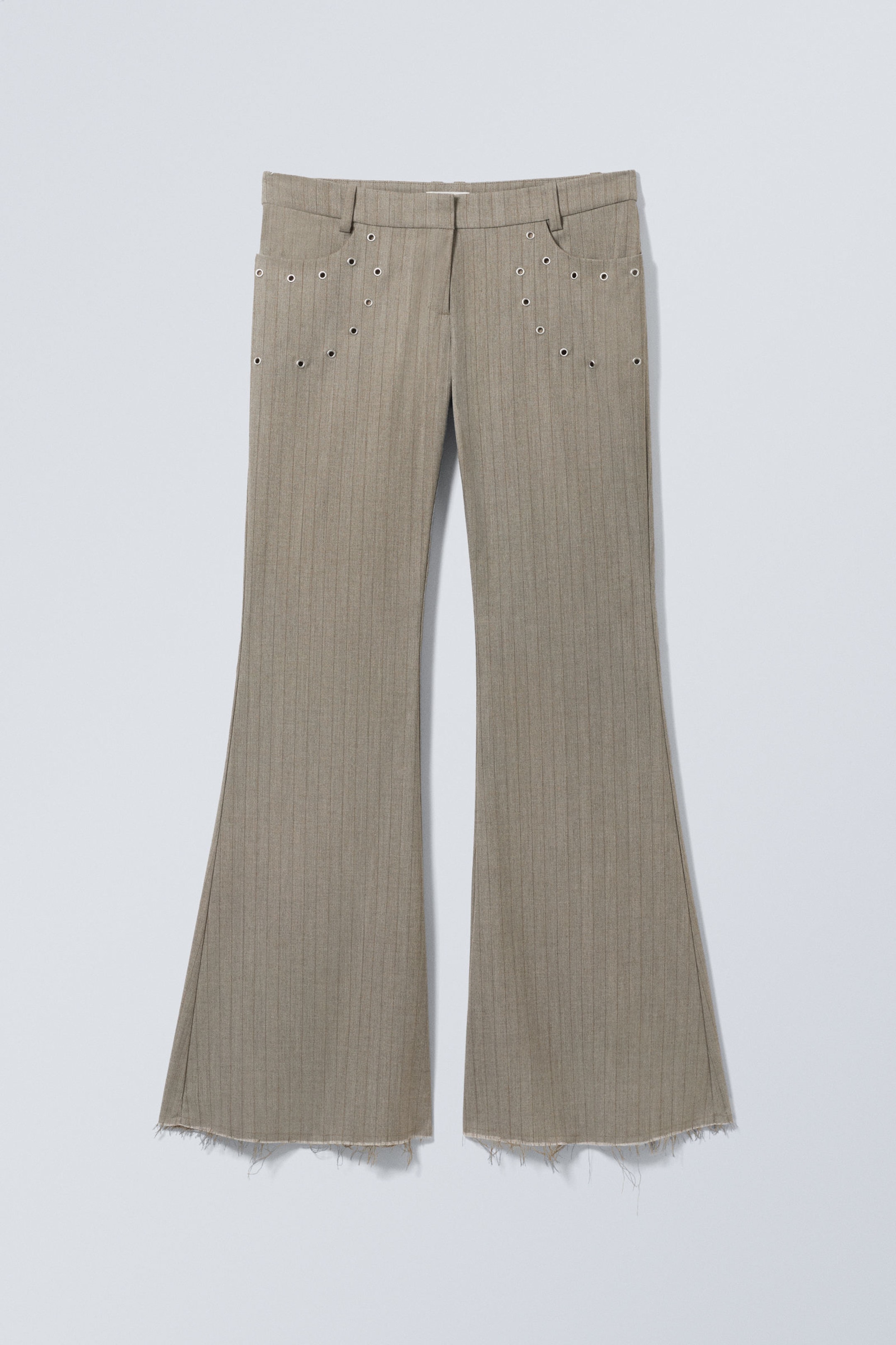 Striped Dusty Beige - Flared Eyelet Suit Trousers - 2