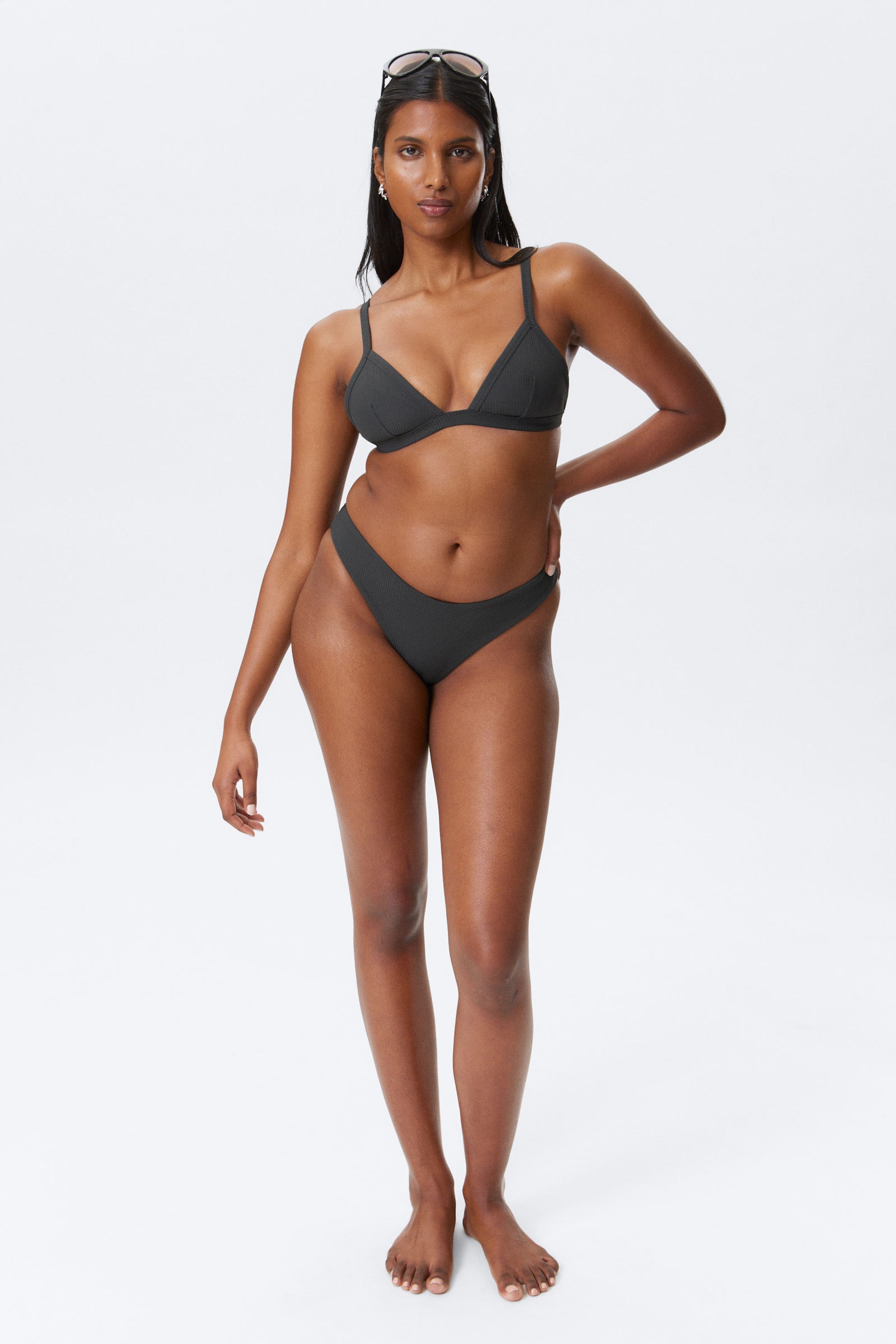 Dark Grey - Ribbed V-neck Bikini Top - 2