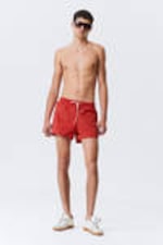 Striped Red - Striped Structured Mid-Thigh Swim Shorts - 1