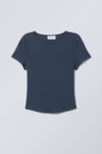 Donkerblauw - Nauwsluitend modal T-shirt met ronde zoom - 0