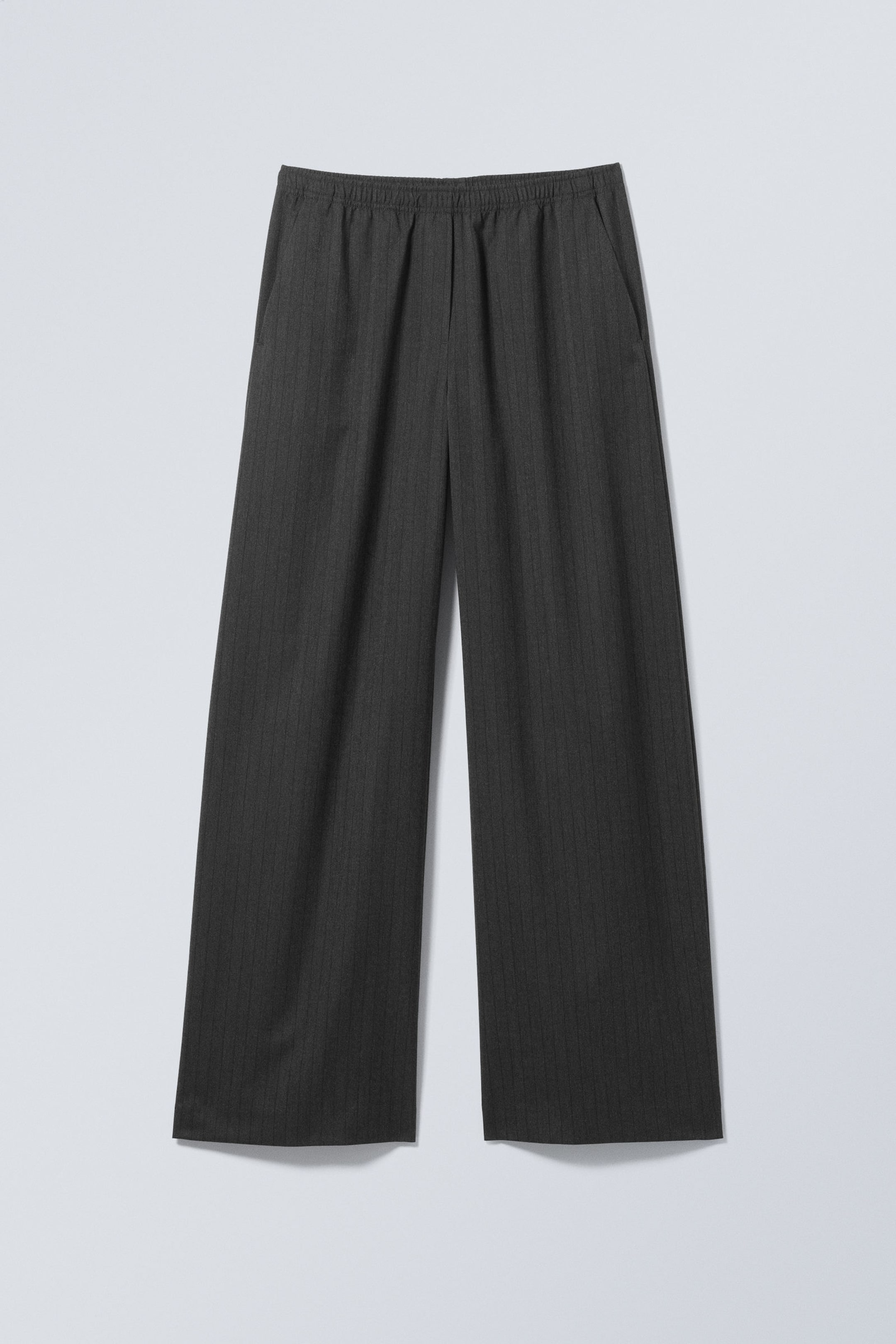 Dark Grey Melange - Pinstripe - Wide Pull On Suiting Trousers - 2